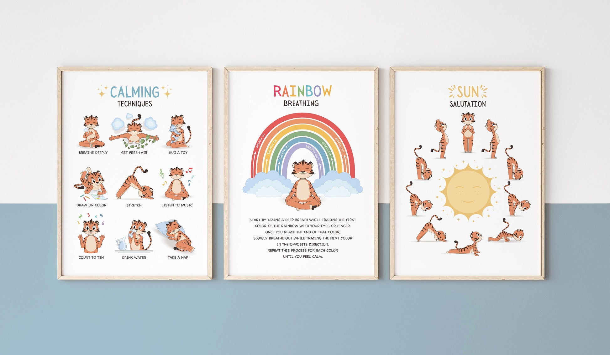 Set of 3 Calming Techniques, Rainbow Breathing, Sun Salutation, Kids Room Decor, Calming Corner Decor, Posters for Kids