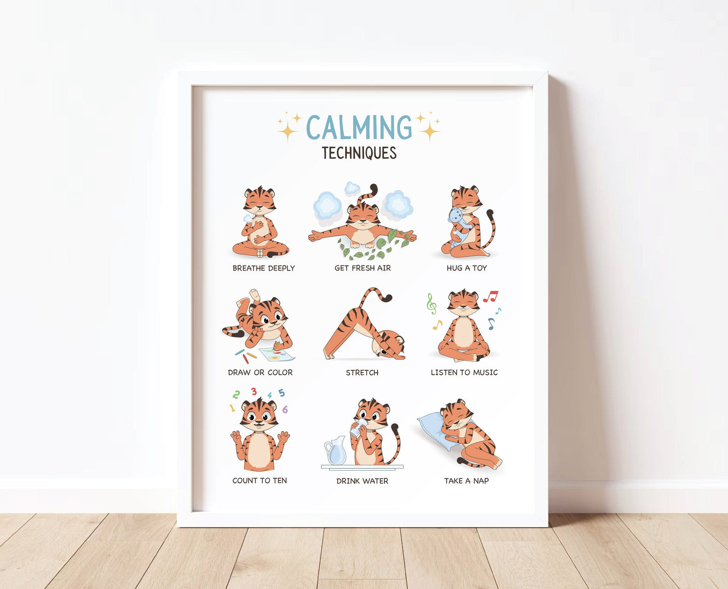 Set of 3 Calming Techniques, Rainbow Breathing, Sun Salutation, Kids Room Decor, Calming Corner Decor, Posters for Kids