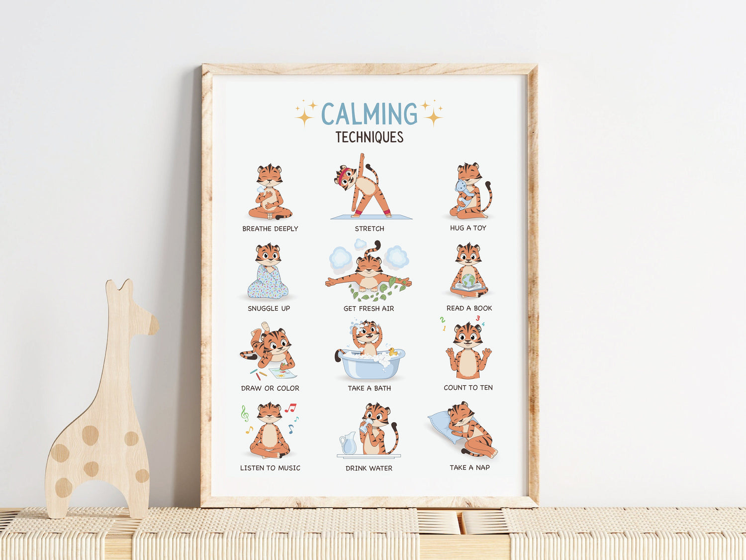 12 Calming Techniques, Poster for Kids Room, Calming Corner, Kids Room Decor, Cute Character, Tiger, Self-Regulation Techniques