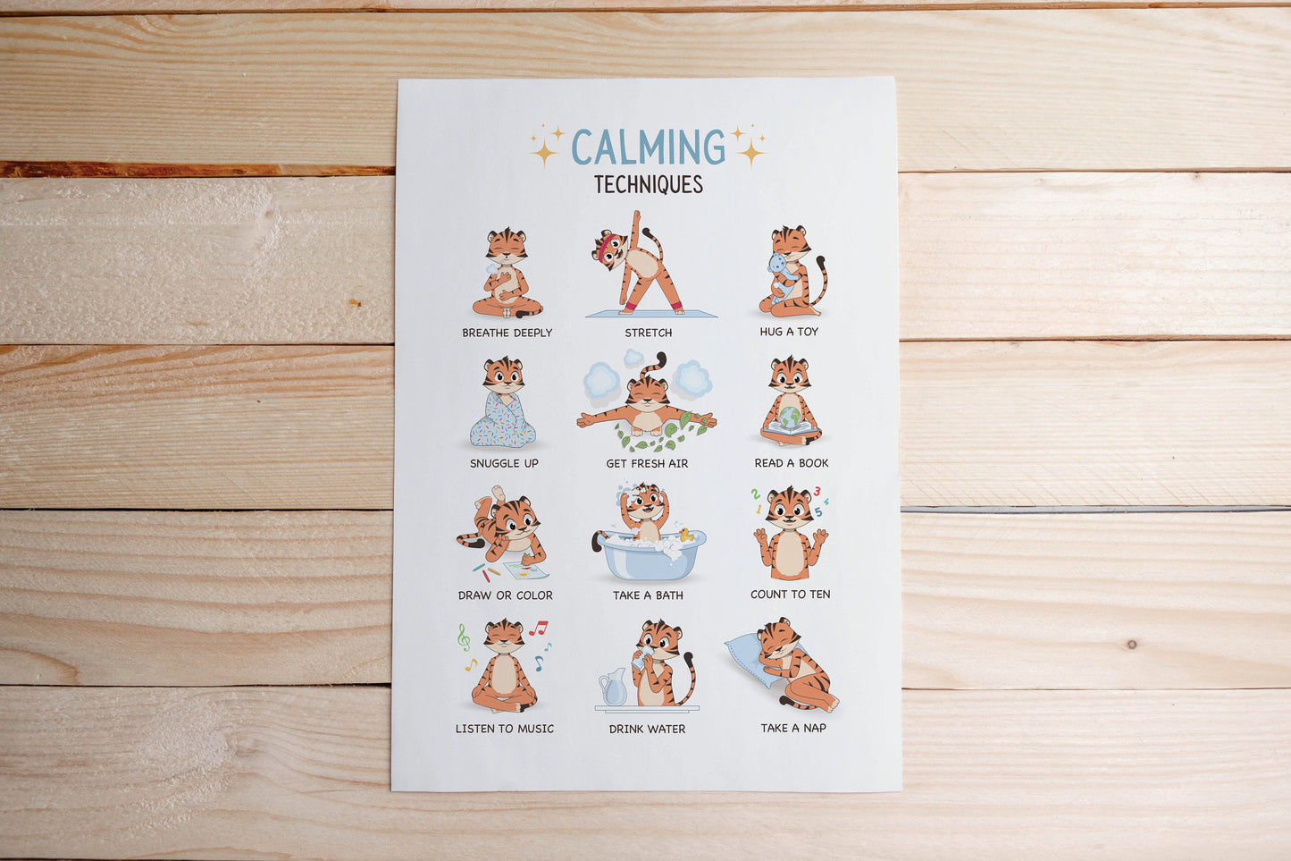 12 Calming Techniques, Poster for Kids Room, Calming Corner, Kids Room Decor, Cute Character, Tiger, Self-Regulation Techniques