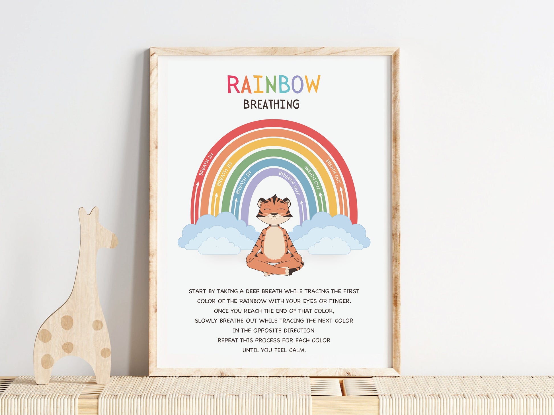 Rainbow Breathing Poster, Calming Technique for kids, Kids room Decor, Cute Tiger Cub