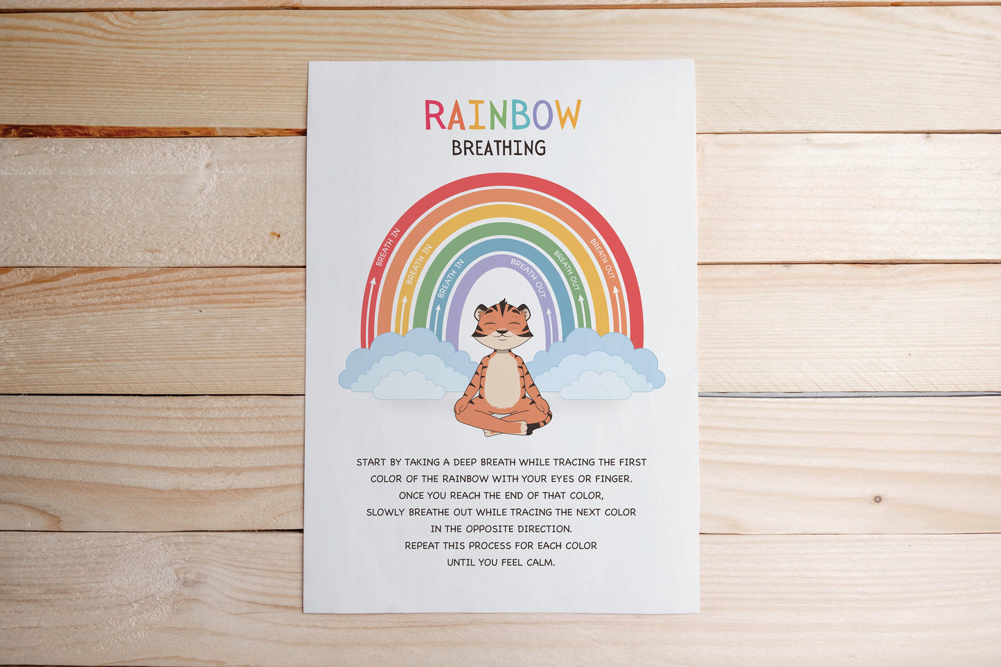 Rainbow Breathing Poster, Calming Technique for kids, Kids room Decor, Cute Tiger Cub